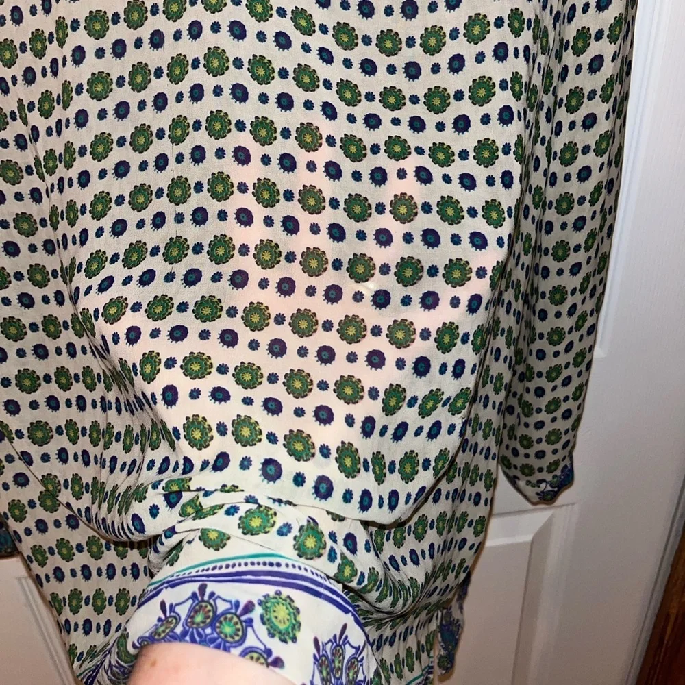 Soft Surroundings Green and Blue Sheer V Neck Floral Tunic Blouse - Picture 3 of 5
